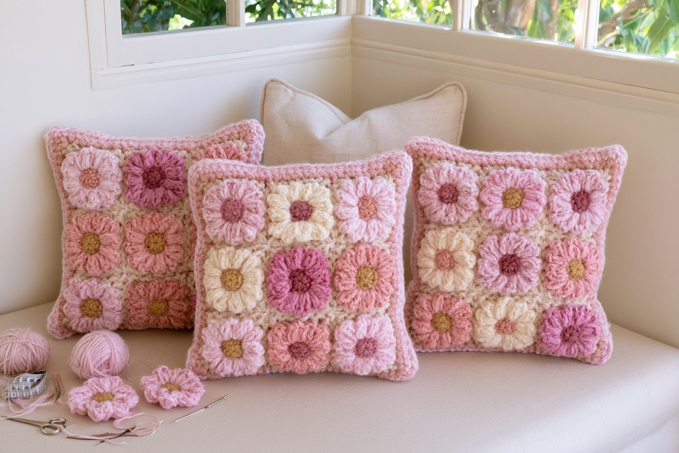 2. Create Floral Pink Crochet Pillow Covers