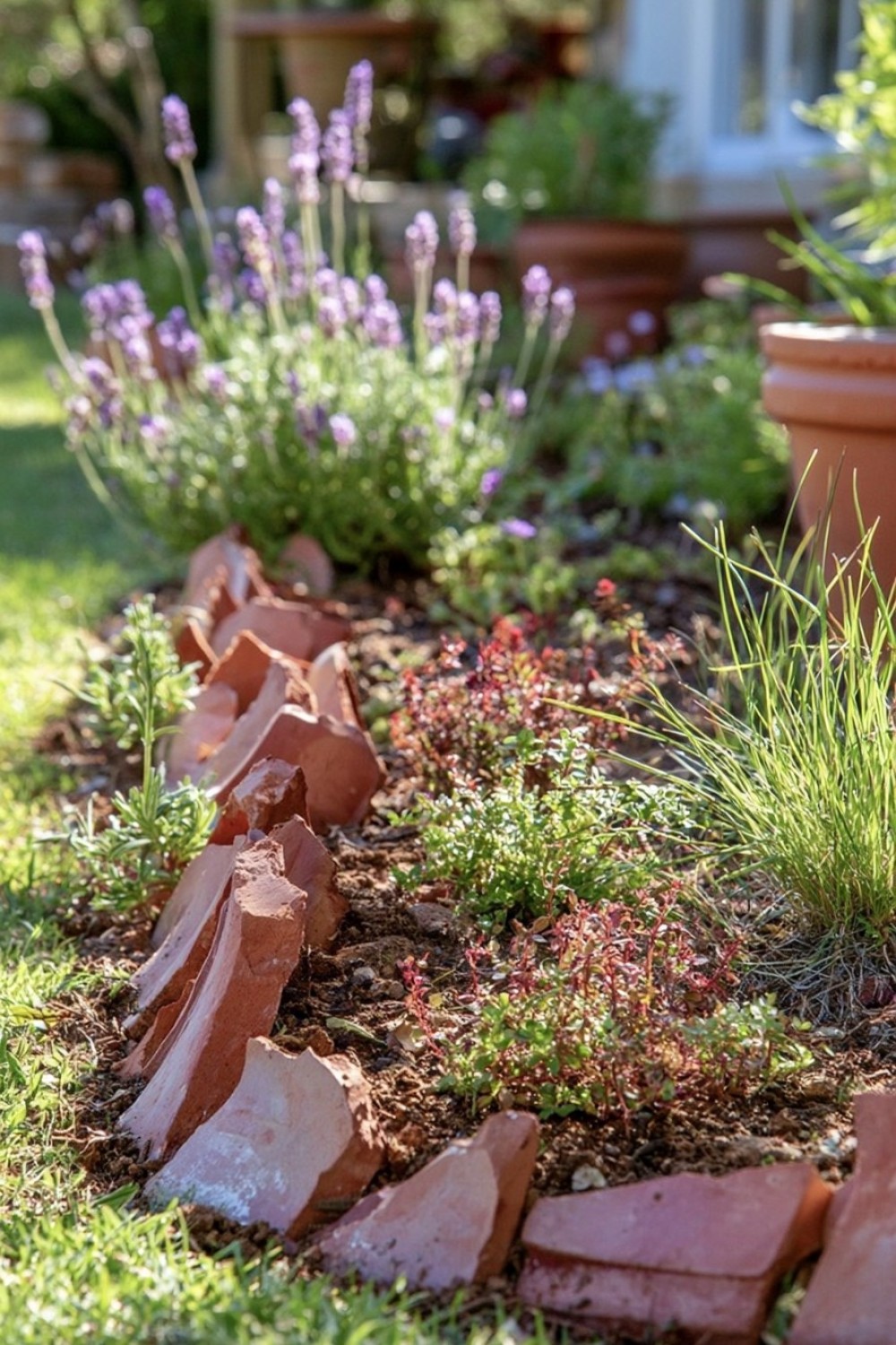 2. Turn Broken Pot Pieces Into Garden Edging