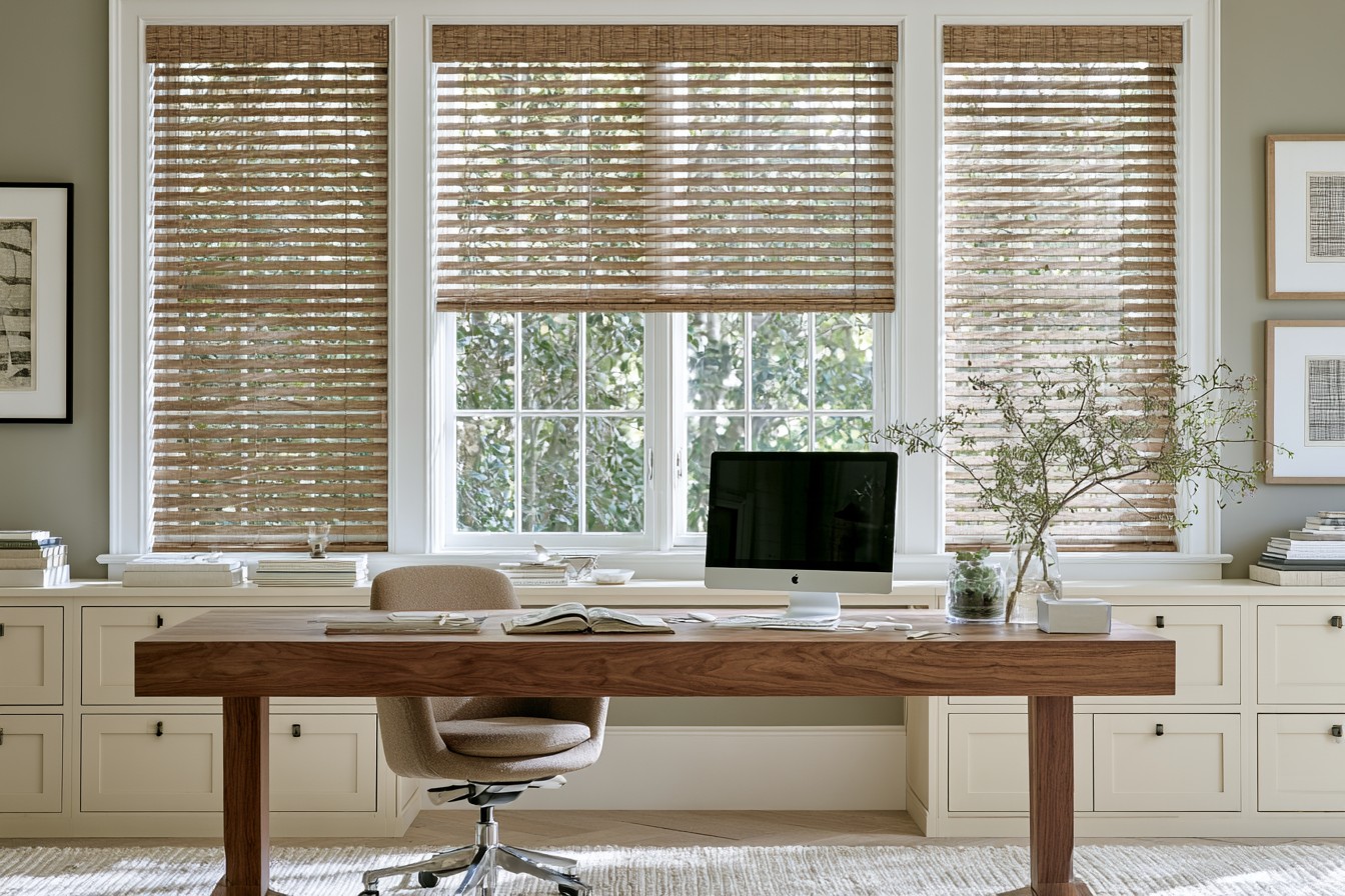 Adjustable home office shade positioned to control computer screen glare