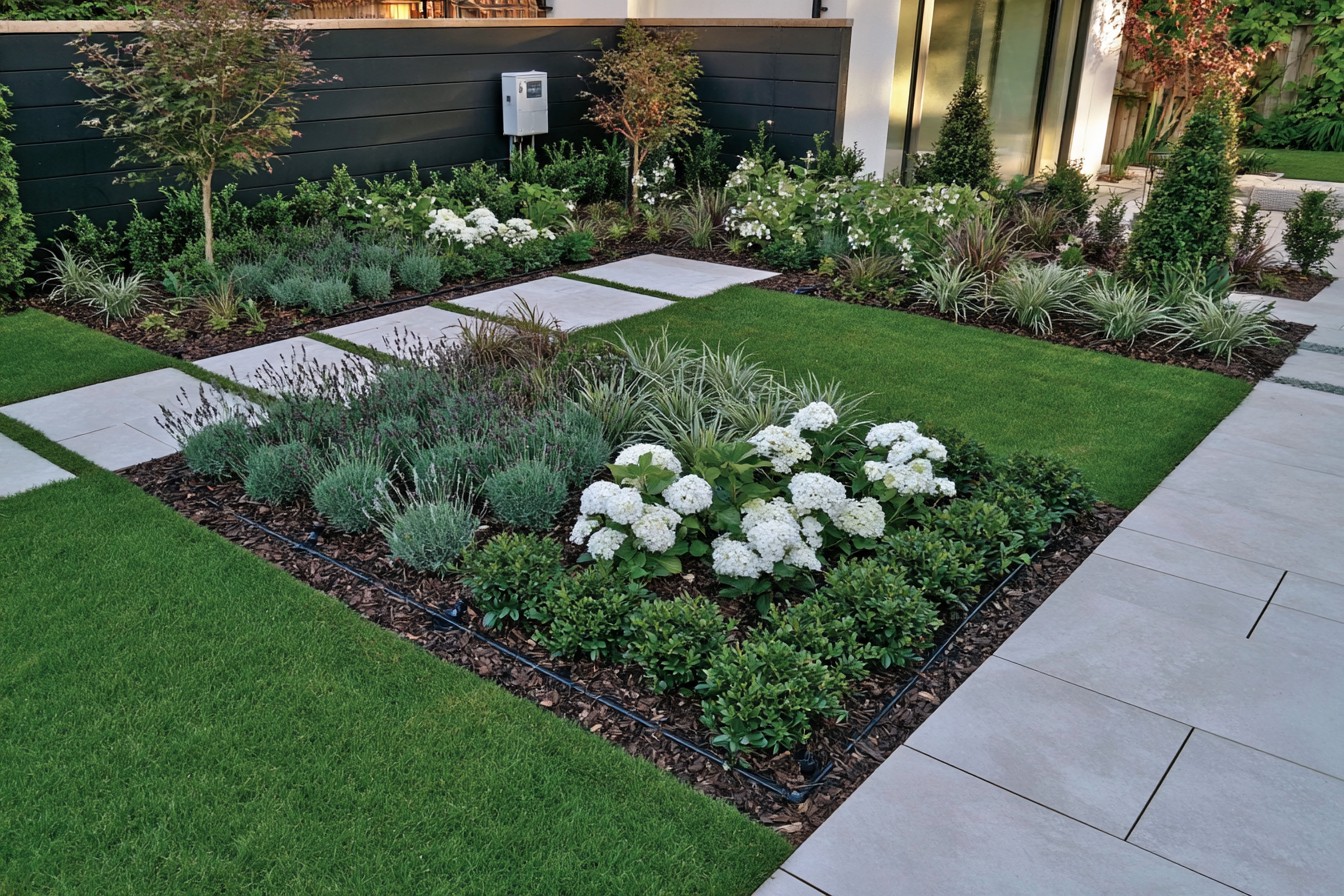 Efficient irrigation planned around grouped minimalist garden planting