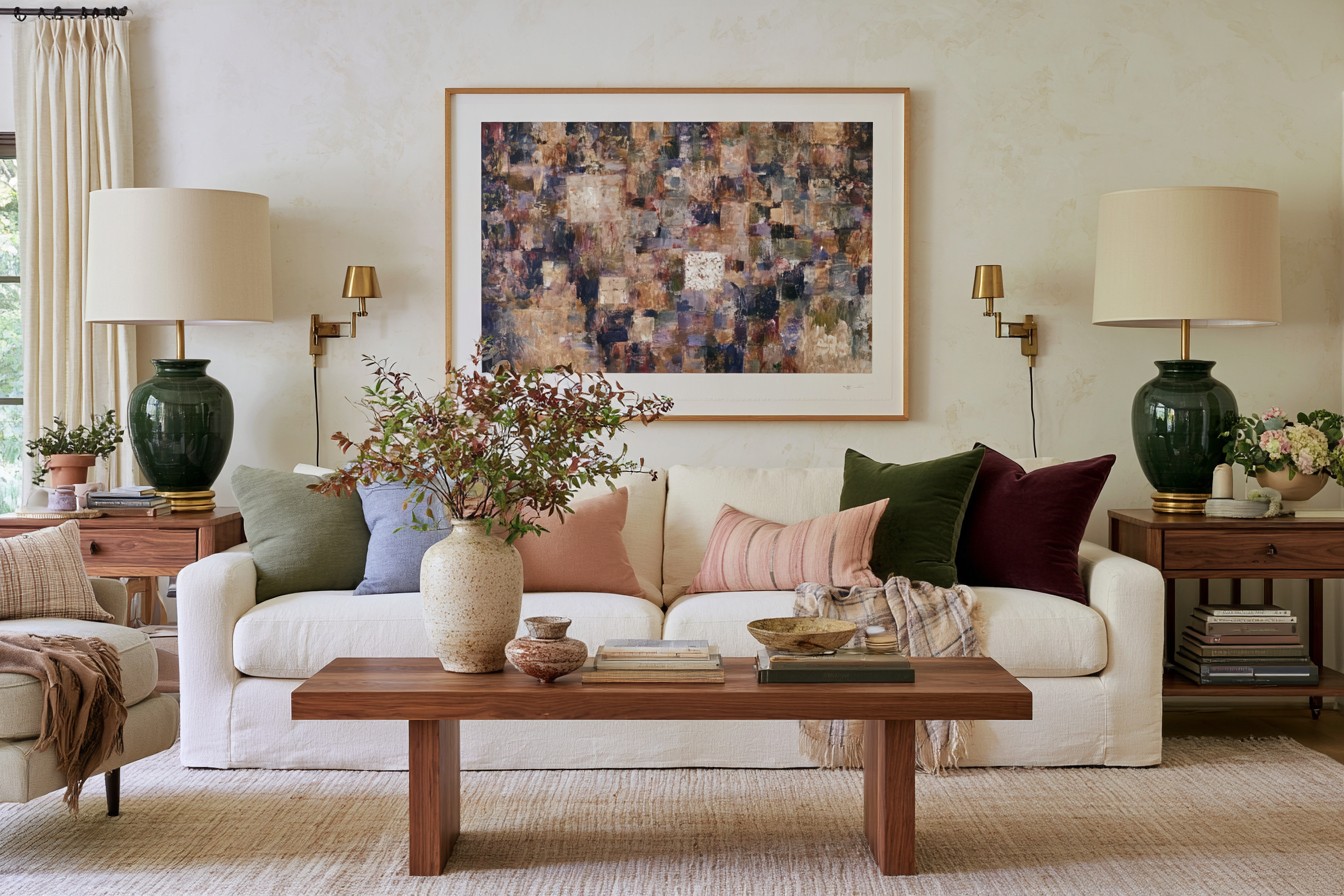 Living room updated with a restrained seasonal accent palette