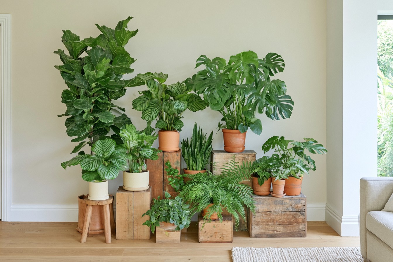 Layered indoor plant corner arranged at several practical heights