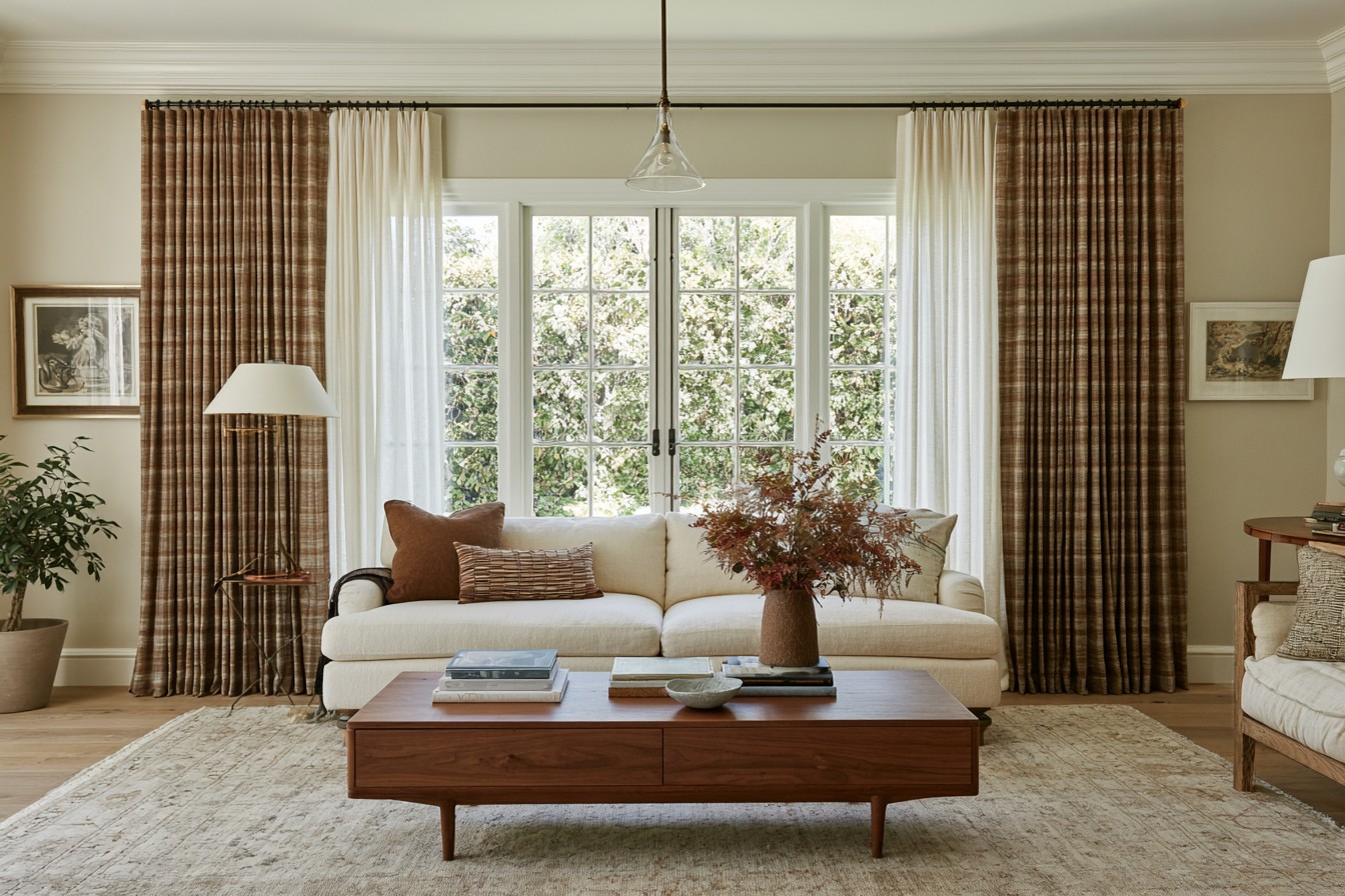 Layered living room curtains providing daylight control and evening privacy