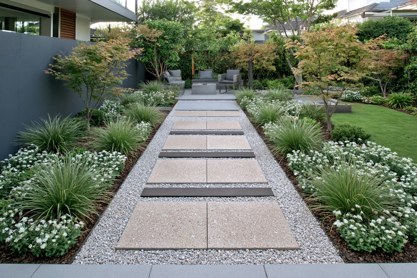 Geometric garden path constructed from coordinated leftover paving