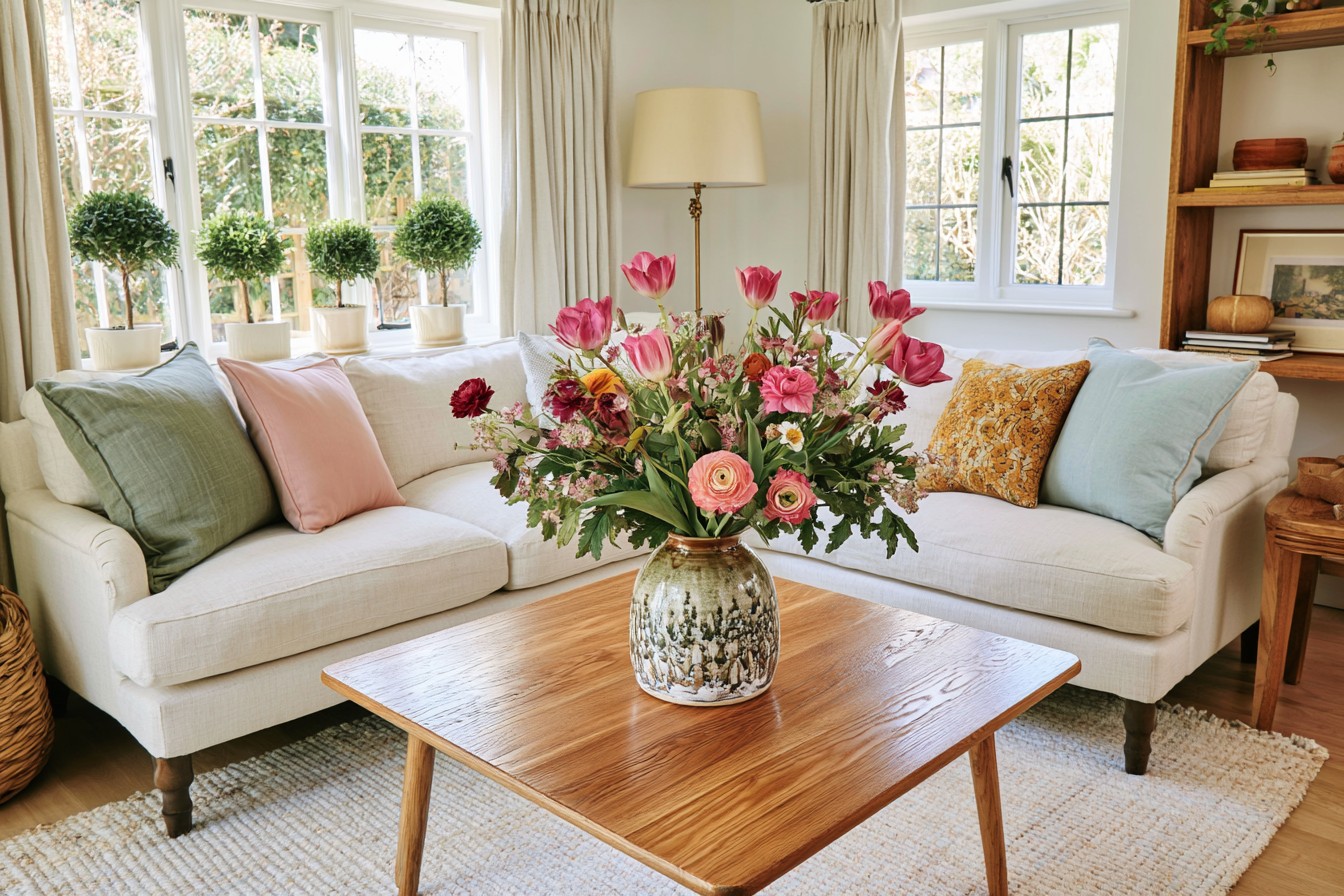 Spring interior refreshed with flowering branches and light natural colors