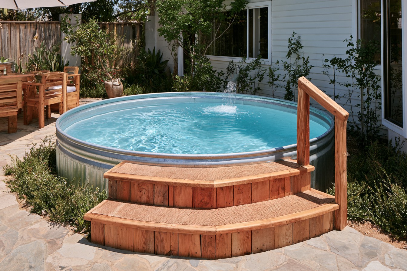 Stable slip-resistant step provided for entry into a stock tank pool