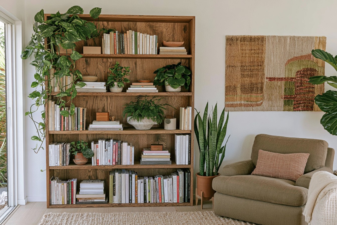 Indoor shelving styled with small plants and uncluttered open space