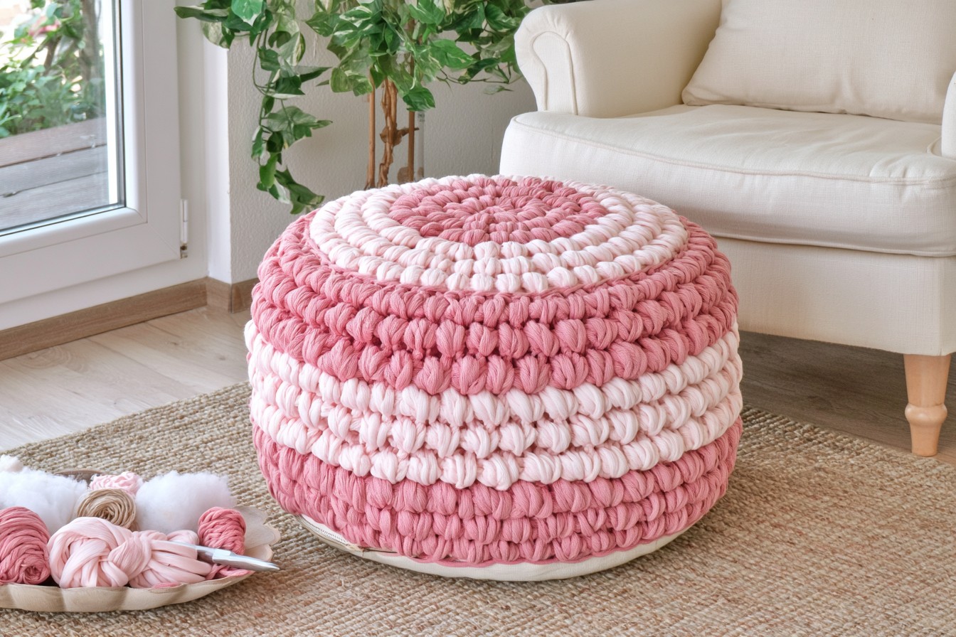 8. Build a Filled Pink Crochet Pouf