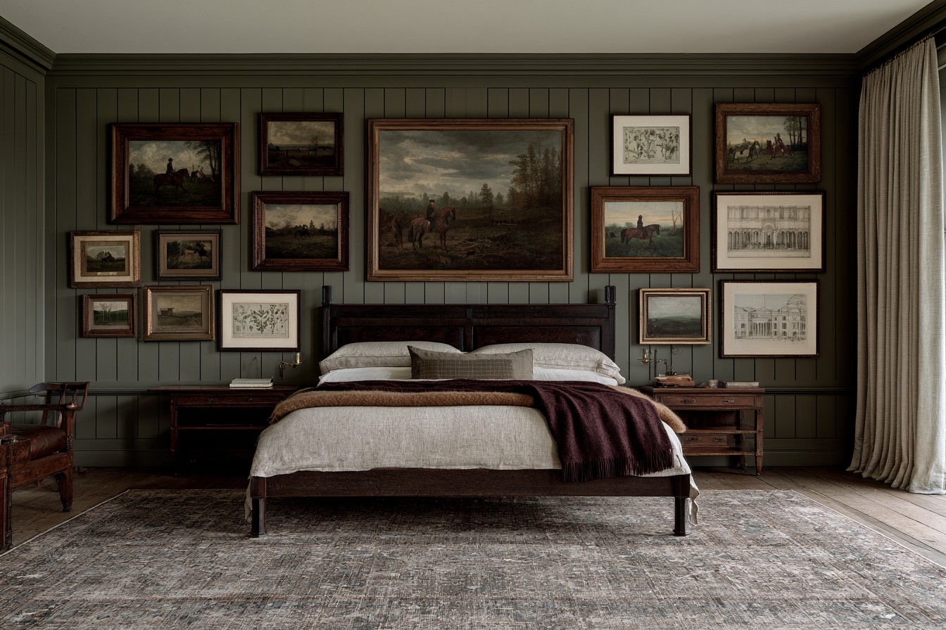 Framed vintage landscape artwork in an elegant bedroom