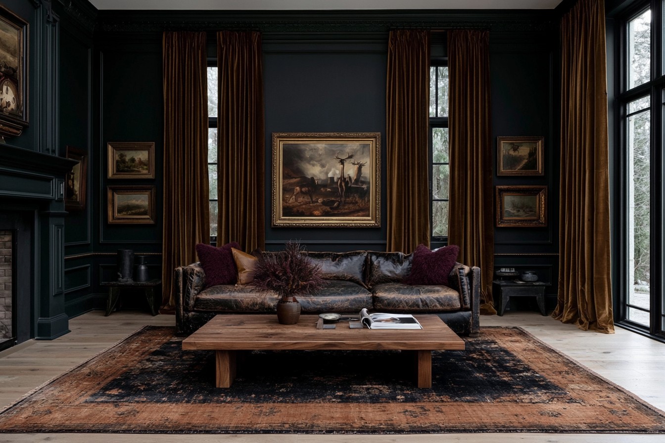 Western Gothic living room framed with substantial dark drapery
