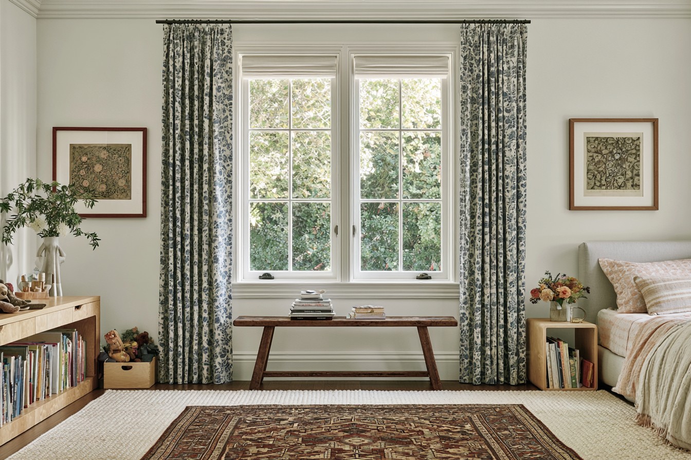 Cordless window covering in a softly colored children's bedroom