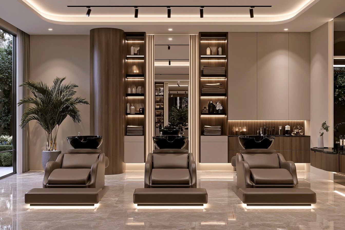 Relaxing salon washing area with organized equipment and storage