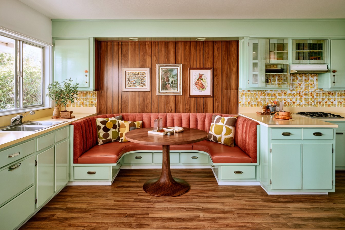 Retro 1970s kitchen with a practical breakfast nook