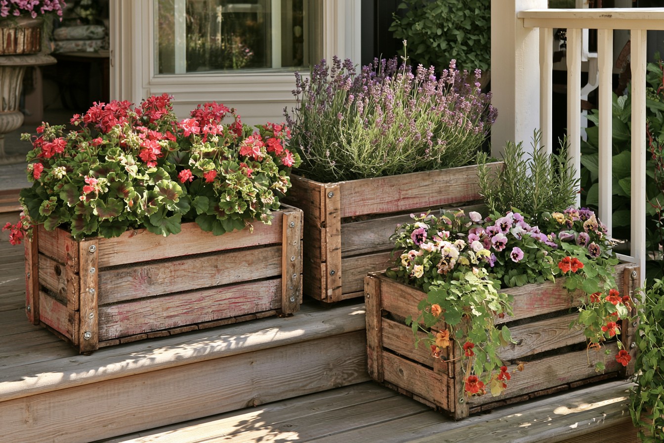 Reclaimed wooden crates adapted as drained veranda planters