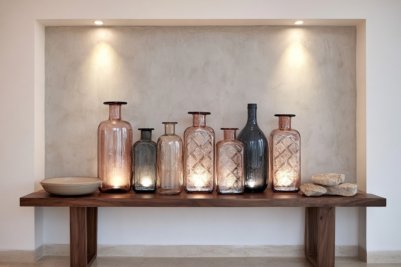 Colored glass bottles reflecting light from a separate nearby fixture