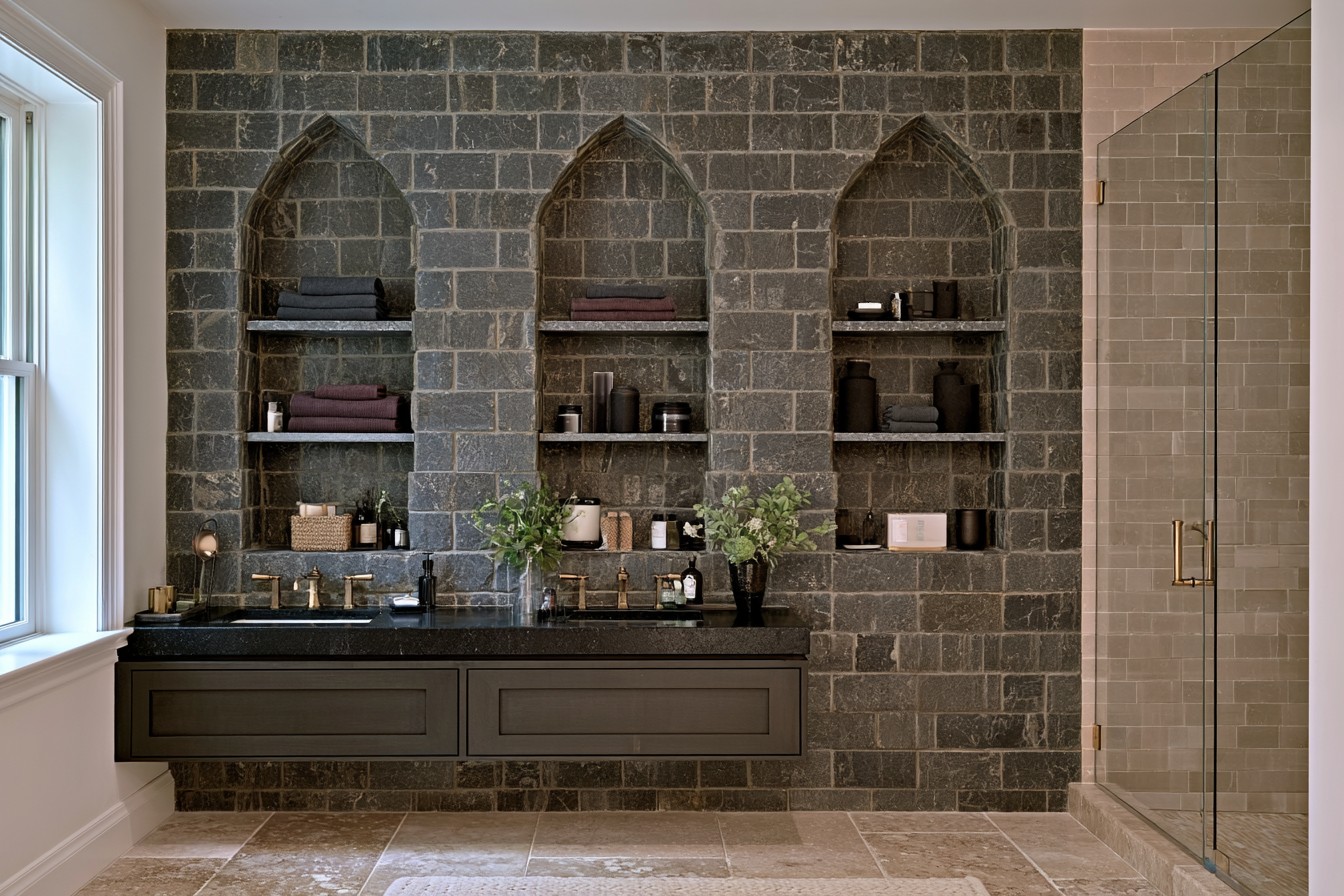 Recessed arched niches in a stone-inspired Gothic bathroom wall