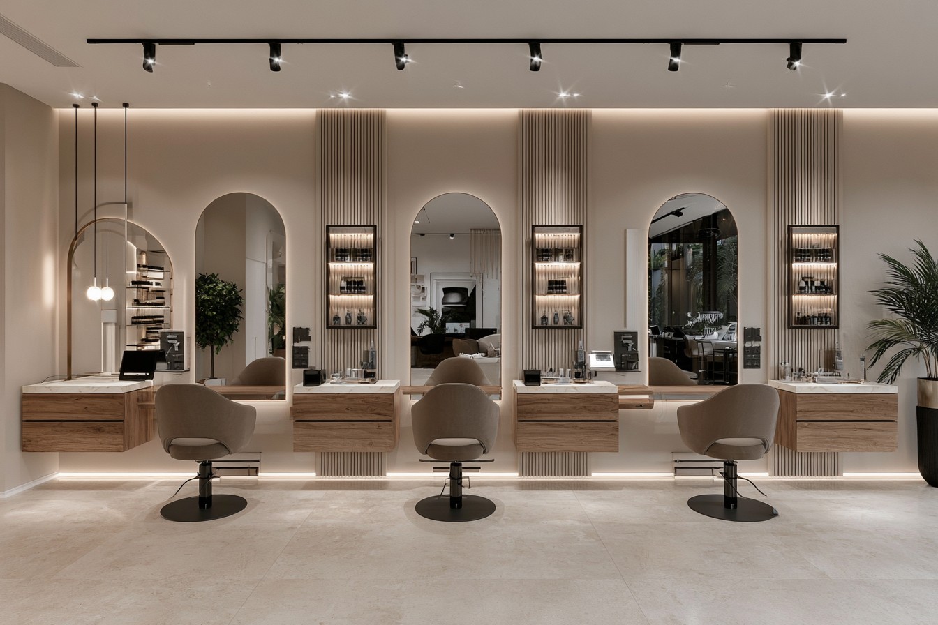 Individual beauty salon service stations with organized work areas