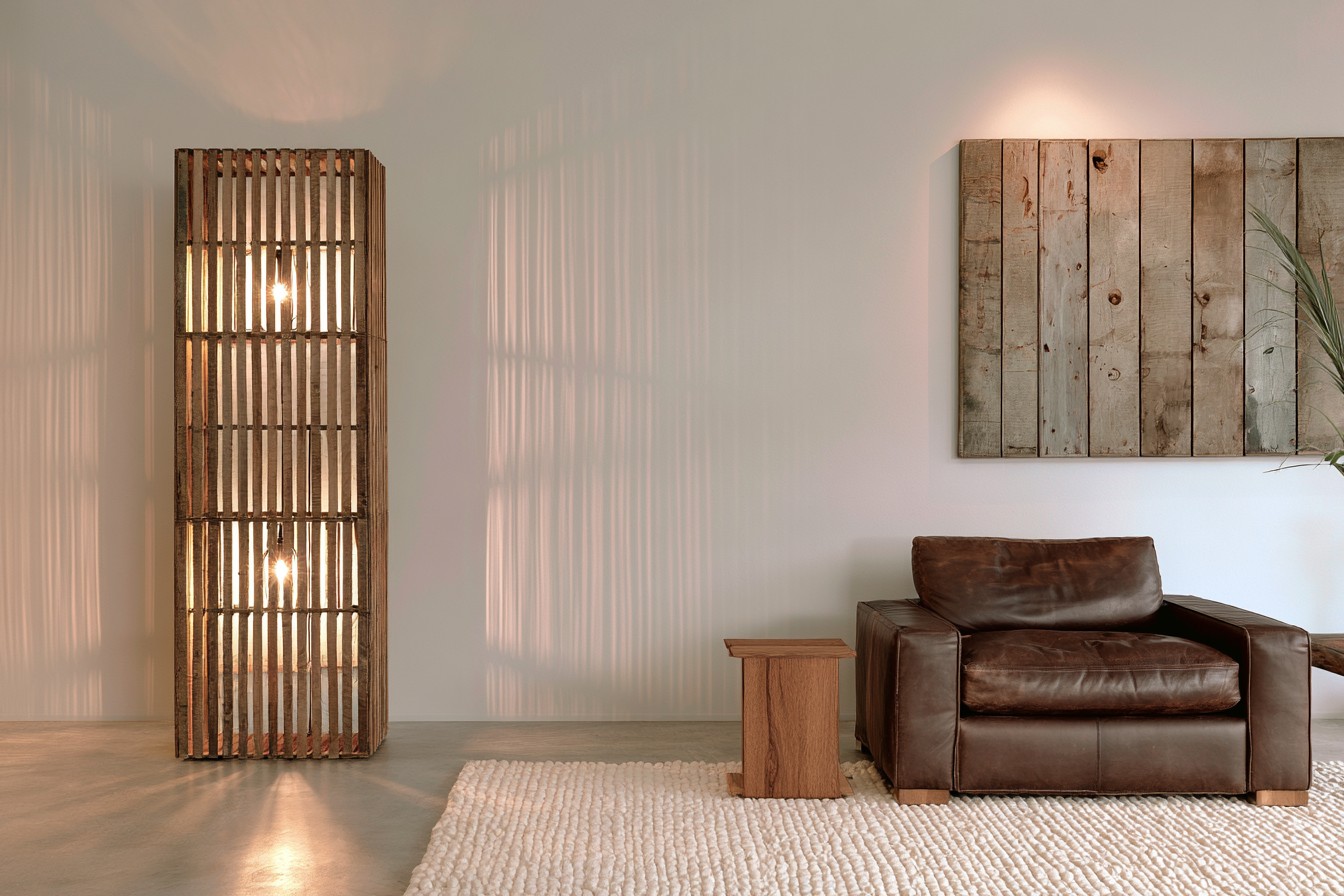 Wooden crate used as an open decorative screen around a certified floor light