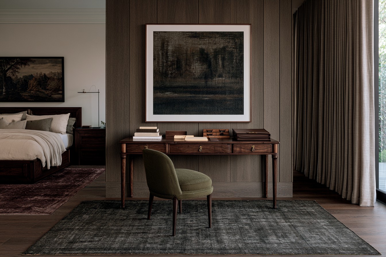Vintage wooden writing desk styled inside a bedroom