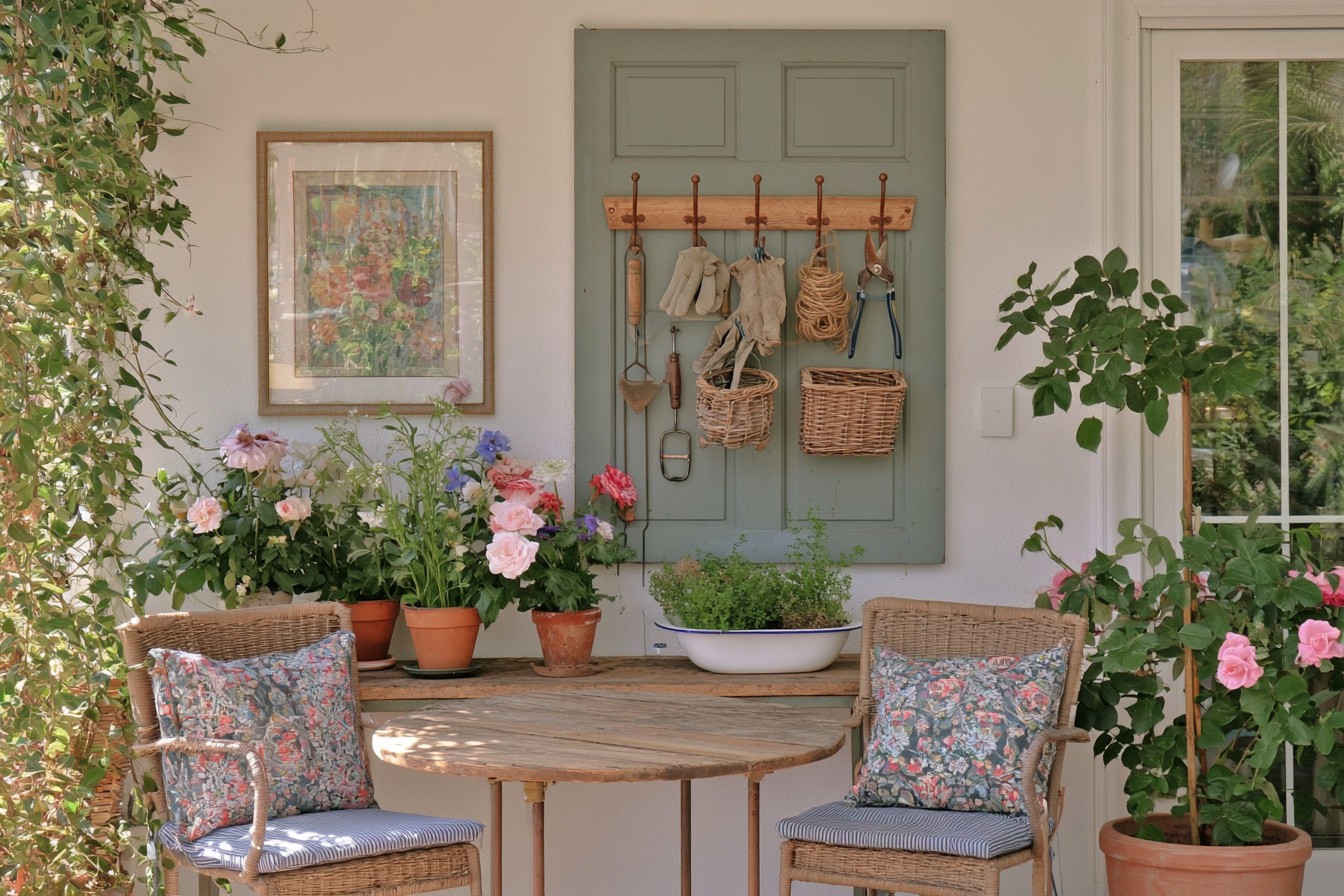 Practical garden tool station organized on a vintage veranda