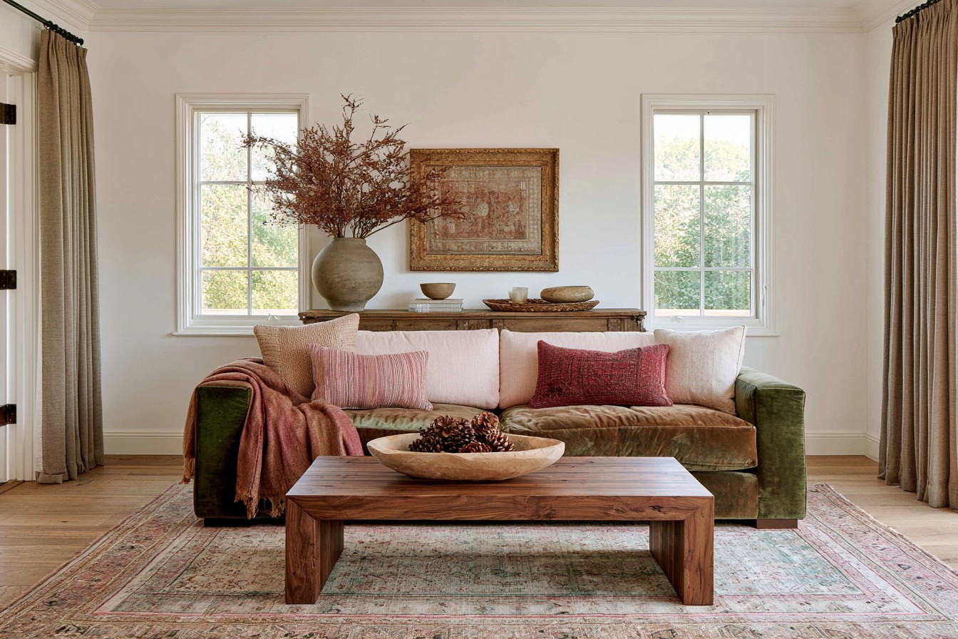 Autumn living space decorated with rust ochre and natural wood tones