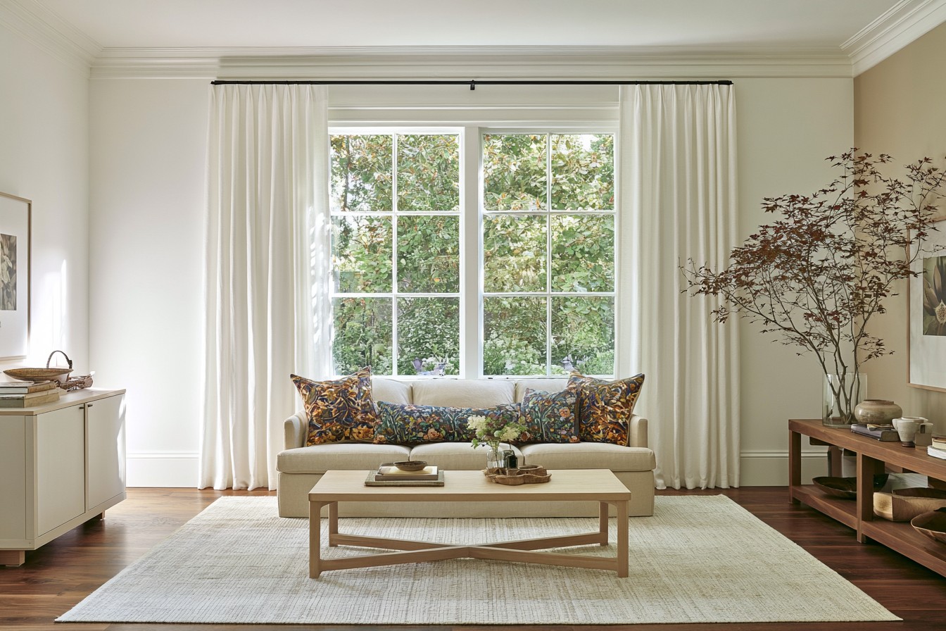 Pale curtains making a compact room appear brighter and more open