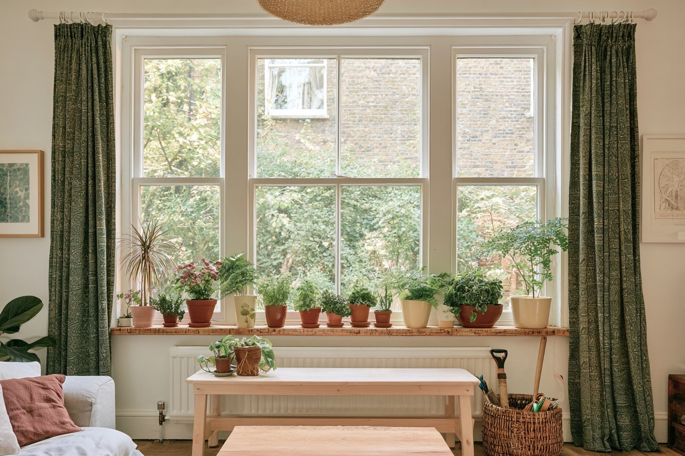 Indoor plants displayed near a bright window without obstructing access