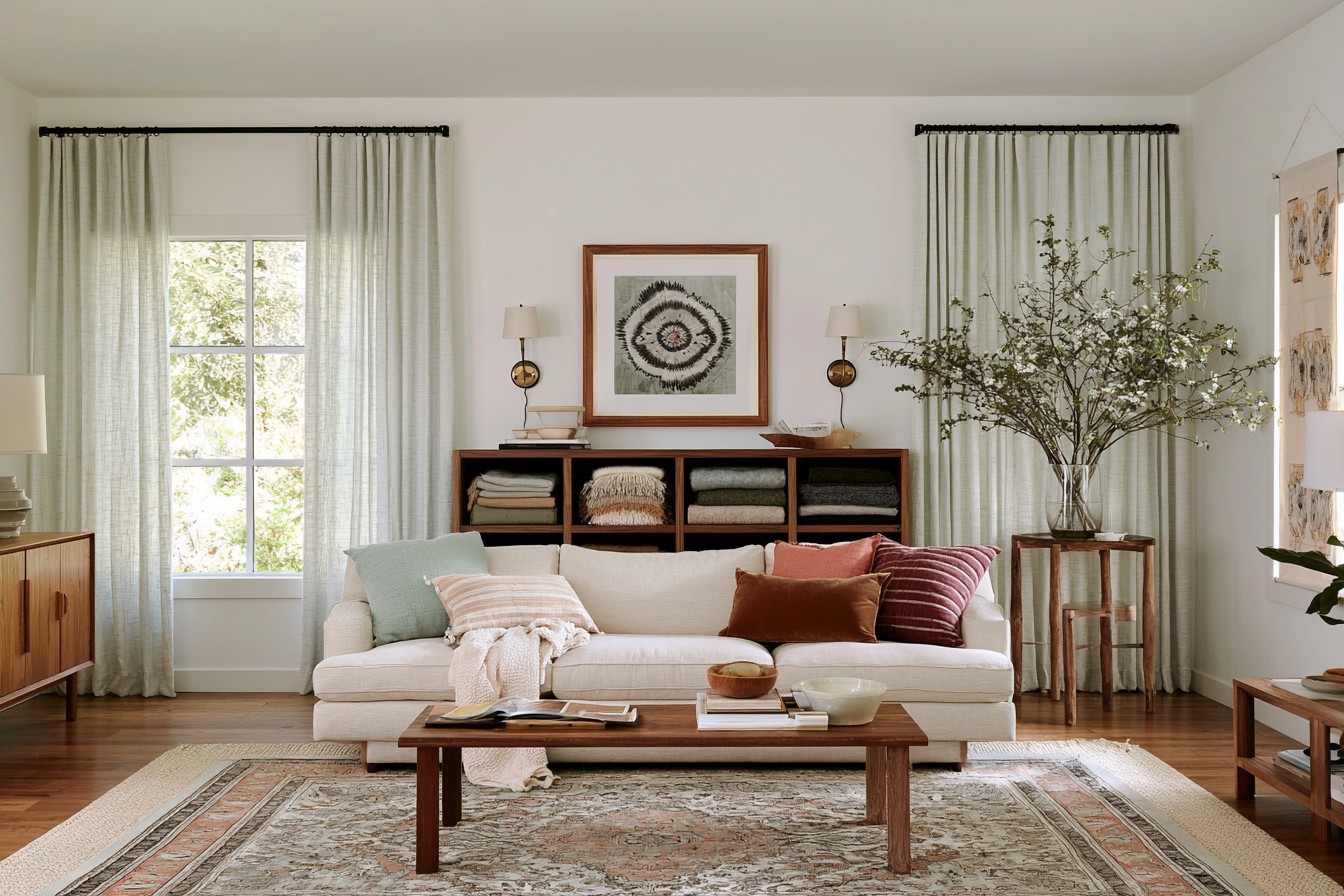 Seasonal textiles layered practically in a comfortable living space