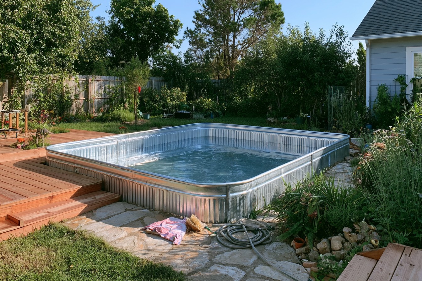 Empty stock tank being cleaned and inspected before pool installation
