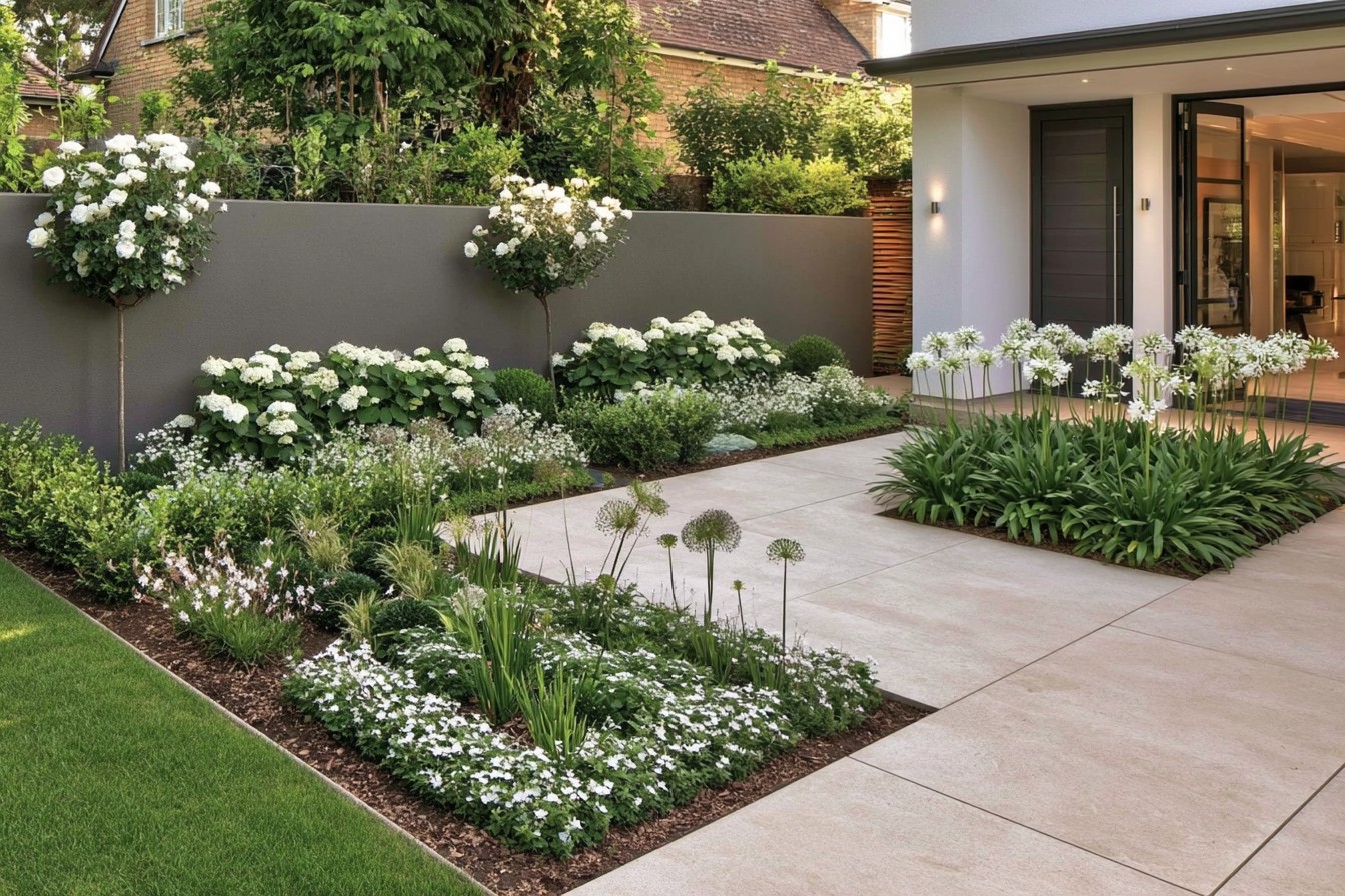 Restrained flowering plants used as seasonal accents in a modern garden