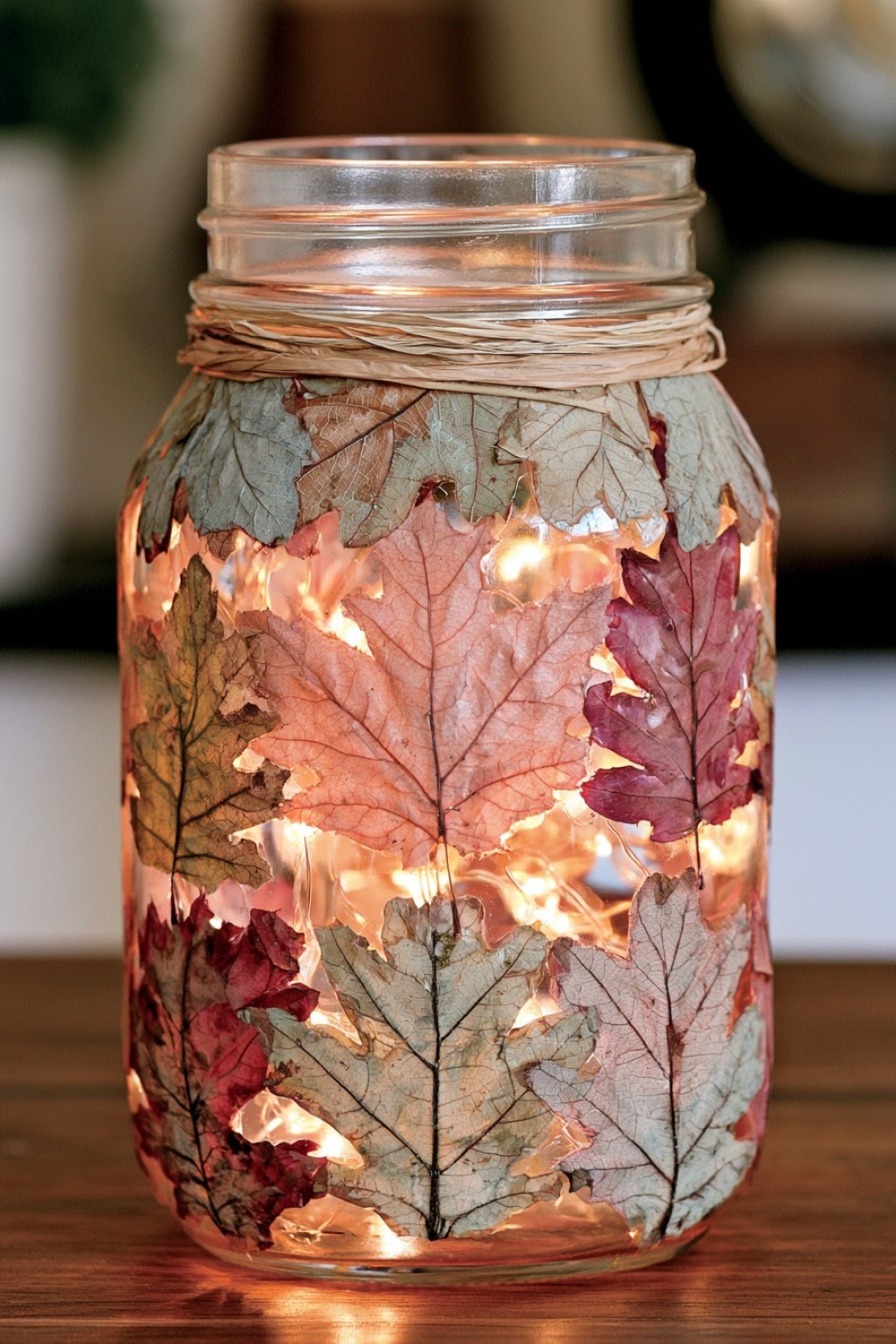 6. Autumn Leaf Mason Jar Glow