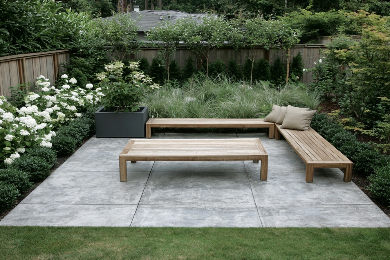 Modern garden using a restrained palette of green gray and timber