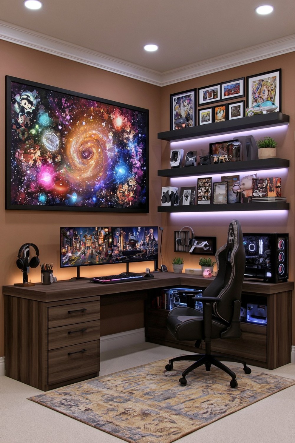 Art-focused adult gaming room with one carefully designed statement wall