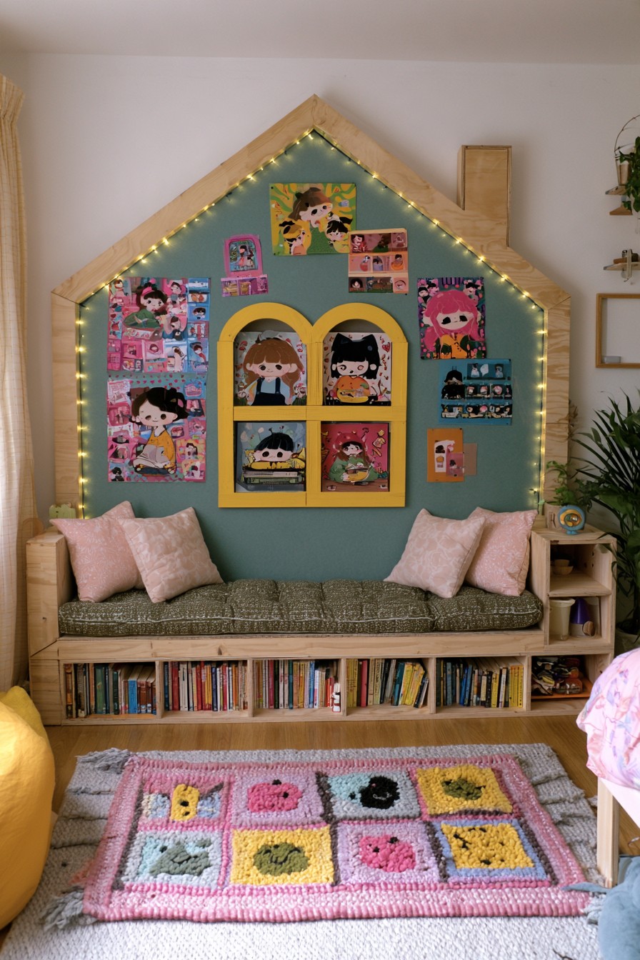 Timber house outline framing a sage wall and cushioned reading bench with books stored underneath