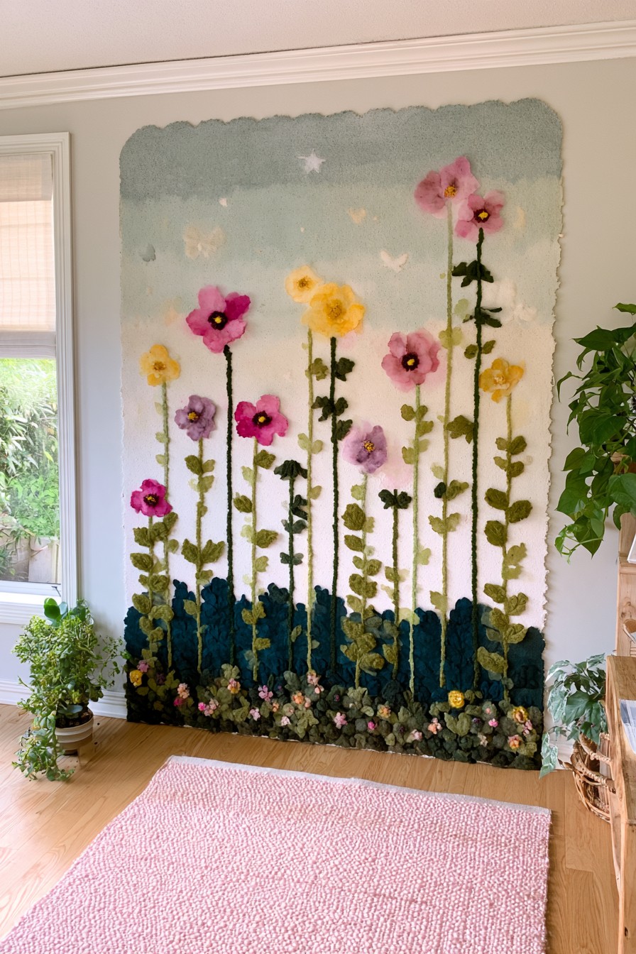 Tall colorful wildflower garden mural painted on an interior wall