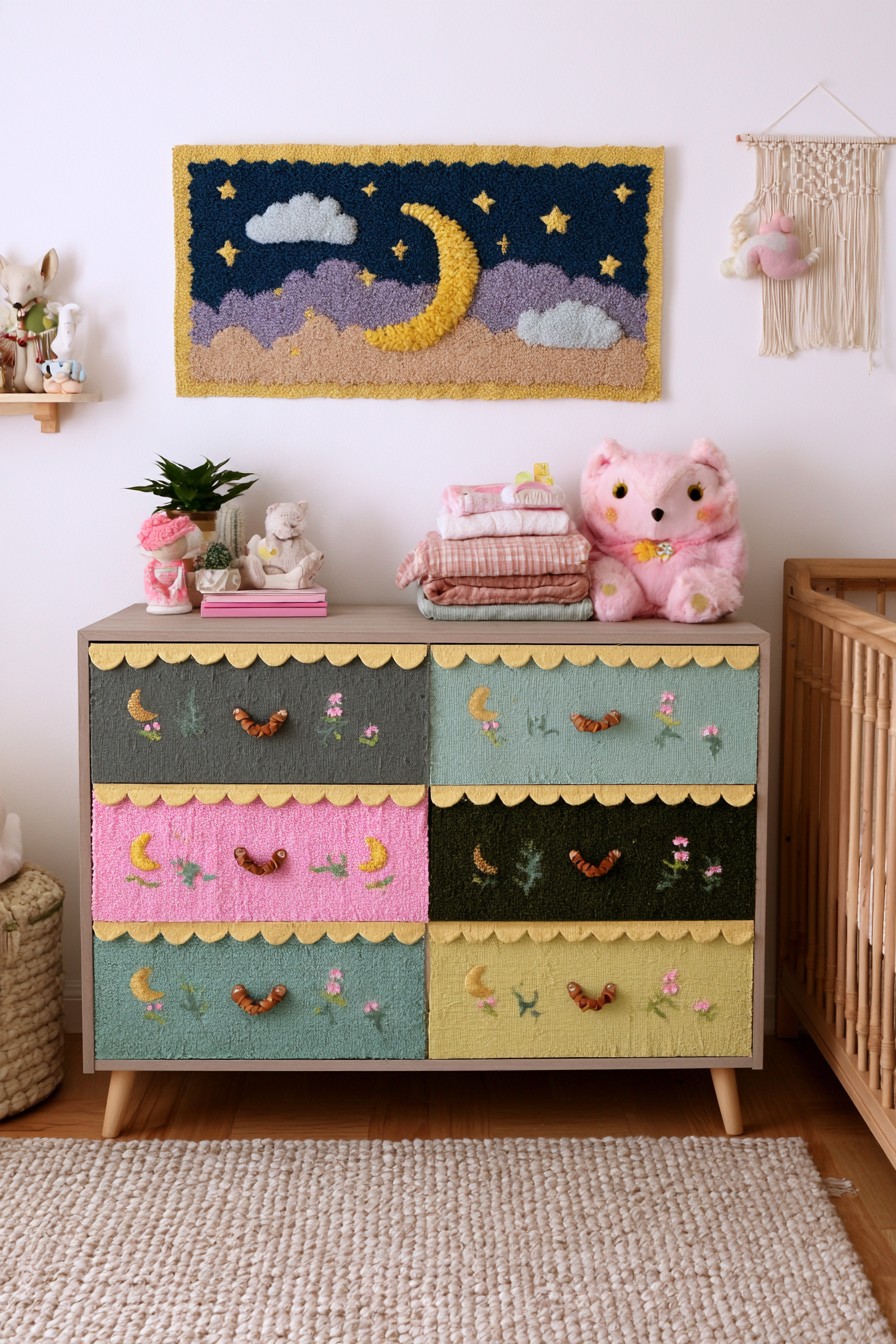 Embroidered textile drawer fronts with rope pulls