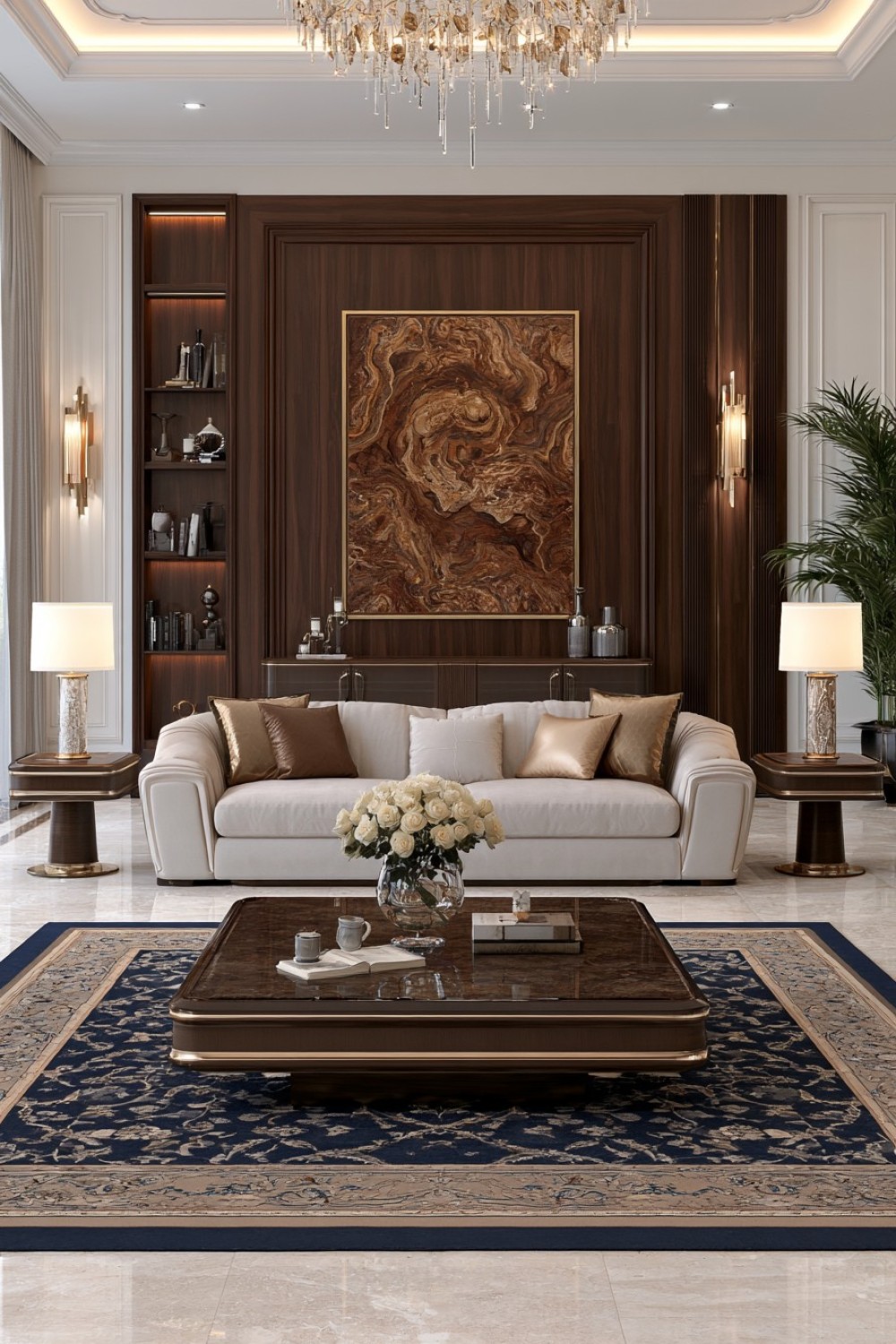 Statement sofa framed by dark wood architectural living room details