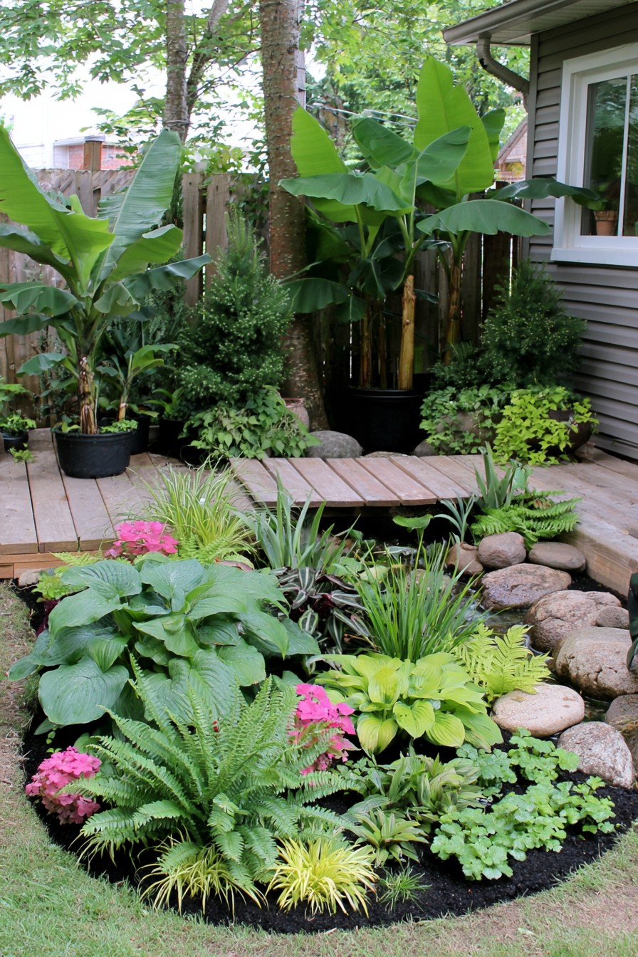 Small tropical garden pond surrounded by broad leaf plants and a wooden bridge