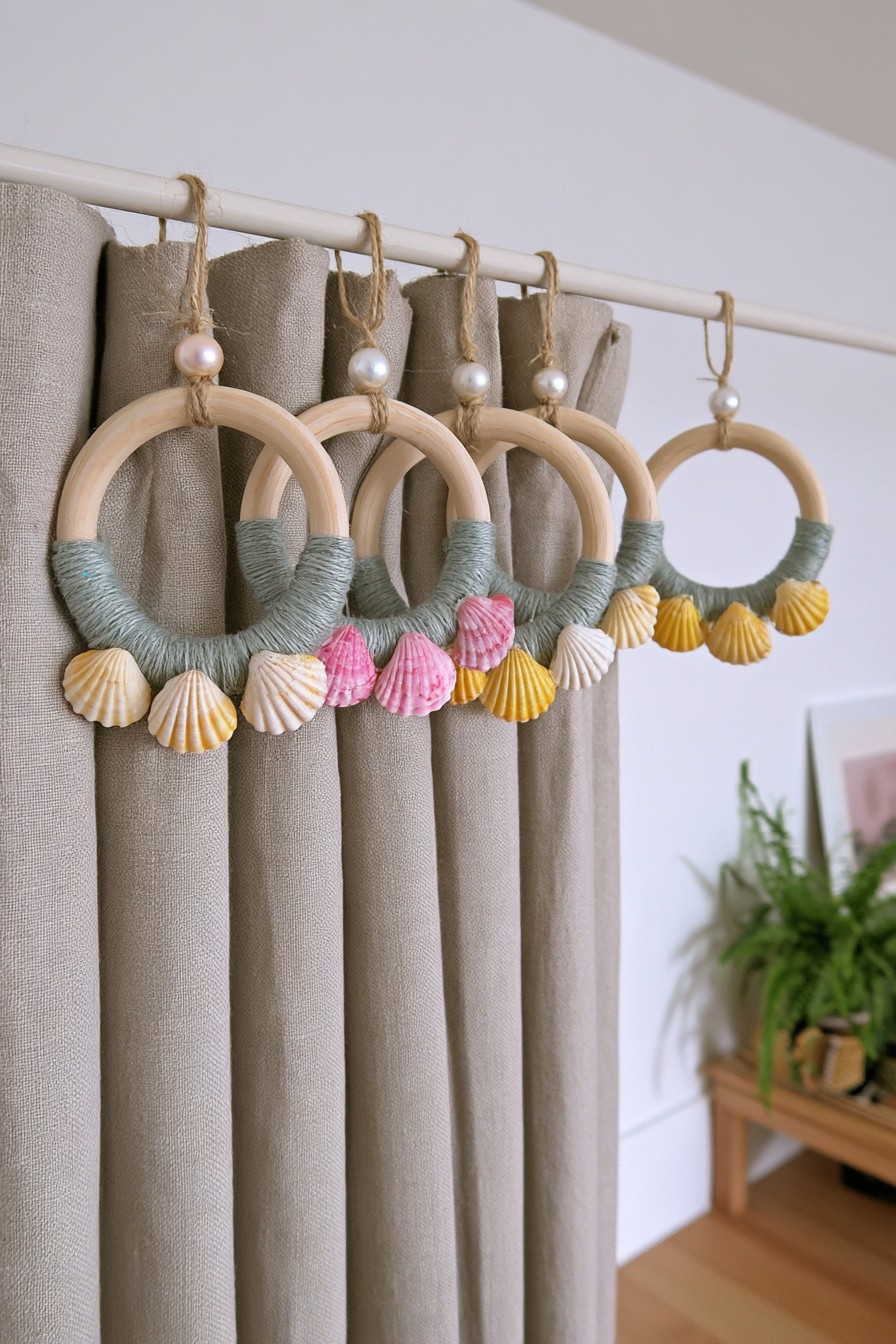Seashell curtain ring decorations wrapped with muted blue green cord