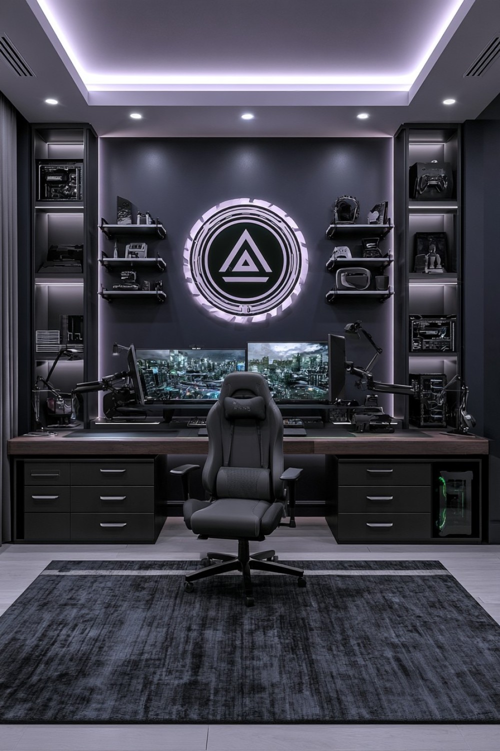 9. Deep Navy Gaming Room With Controlled Metal Details