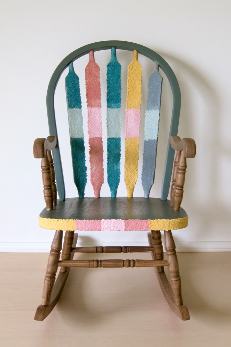 Wooden armchair with natural arms and a green frame around textured multicolor spindles