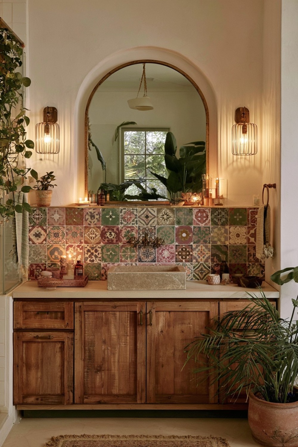Moroccan-inspired bathroom tile balanced with simple cabinetry