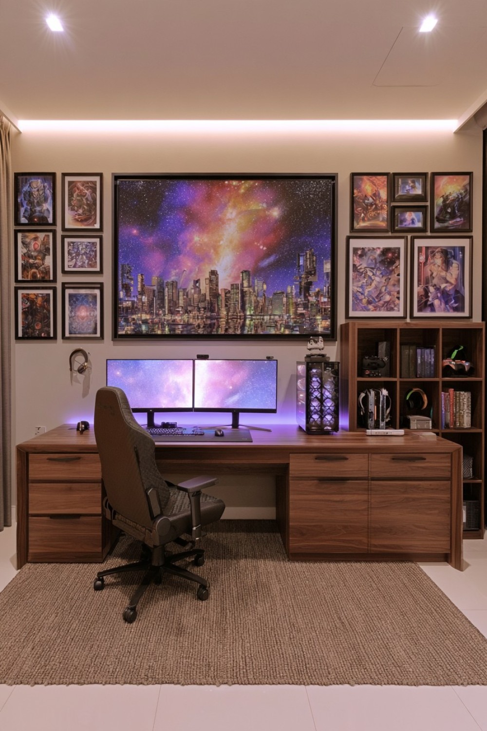 Adult executive gaming room with walnut furniture and graphite walls