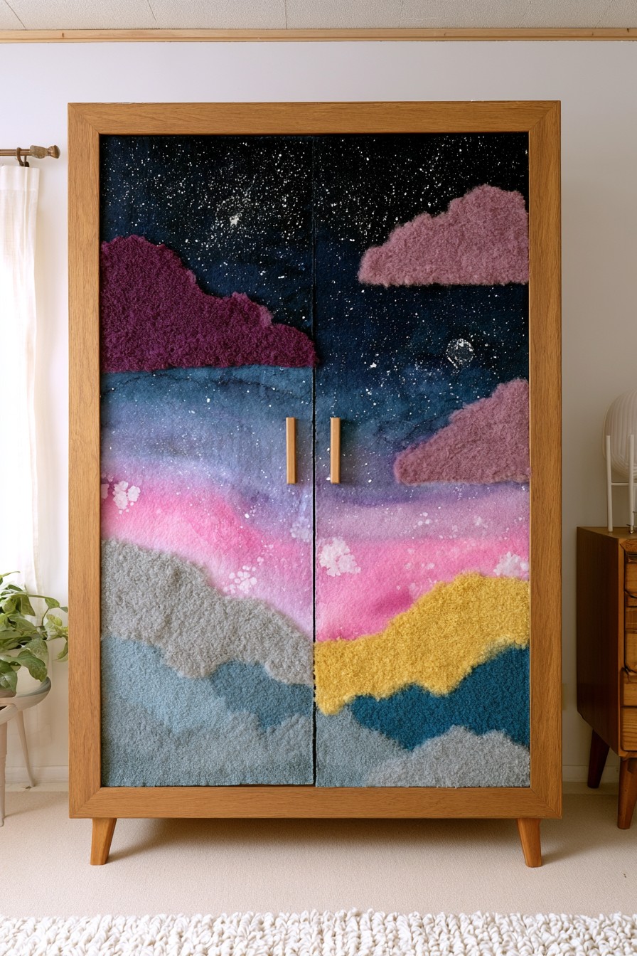 Wardrobe doors painted with navy pink burgundy mustard blue and gray abstract layers