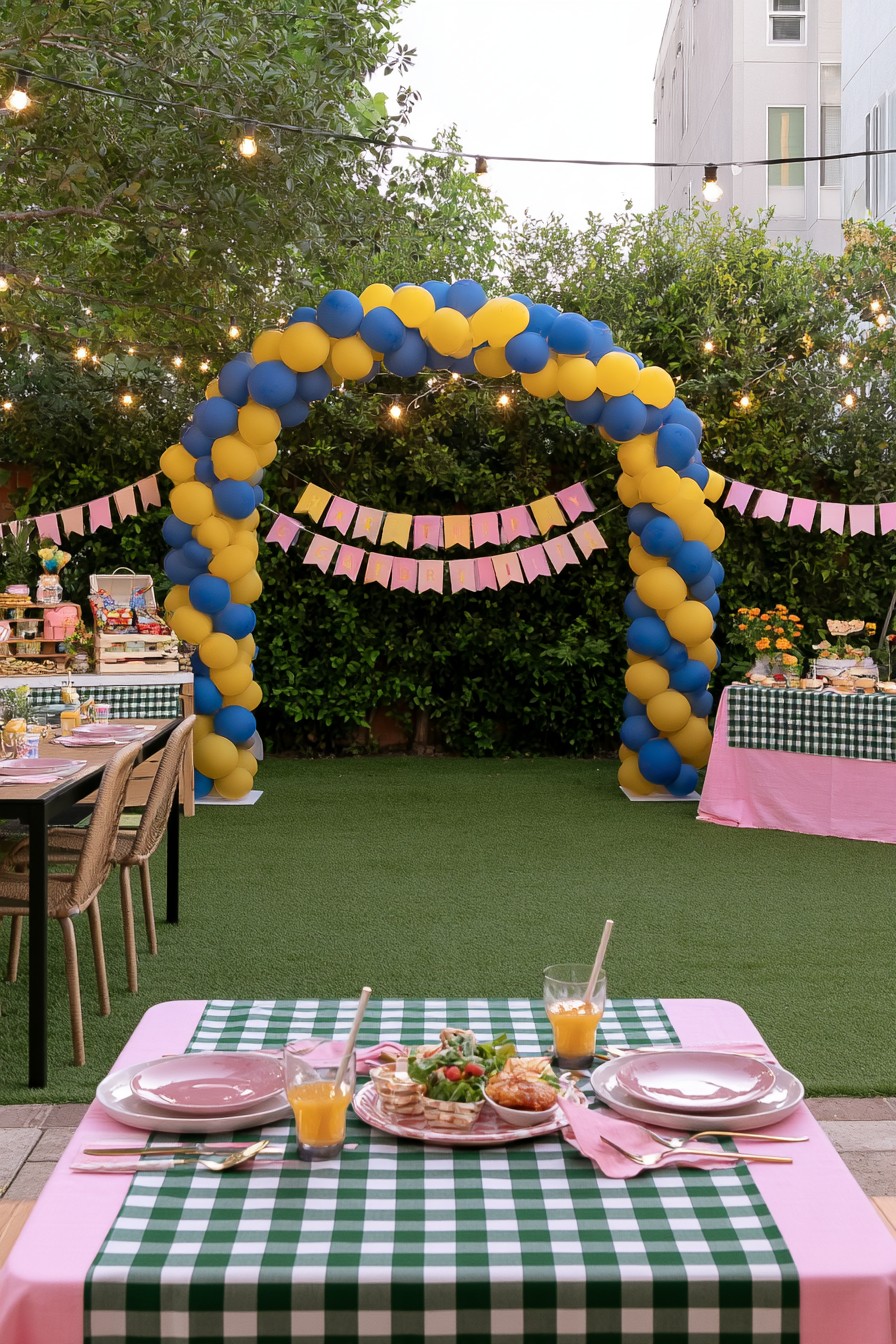 Colorful backyard graduation dining setup