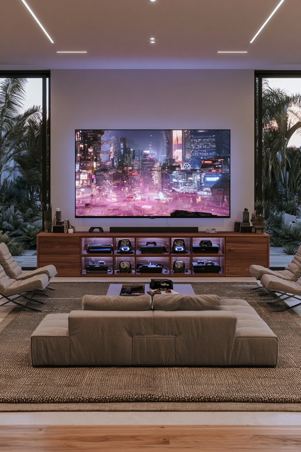 Console gaming lounge with low comfortable seating