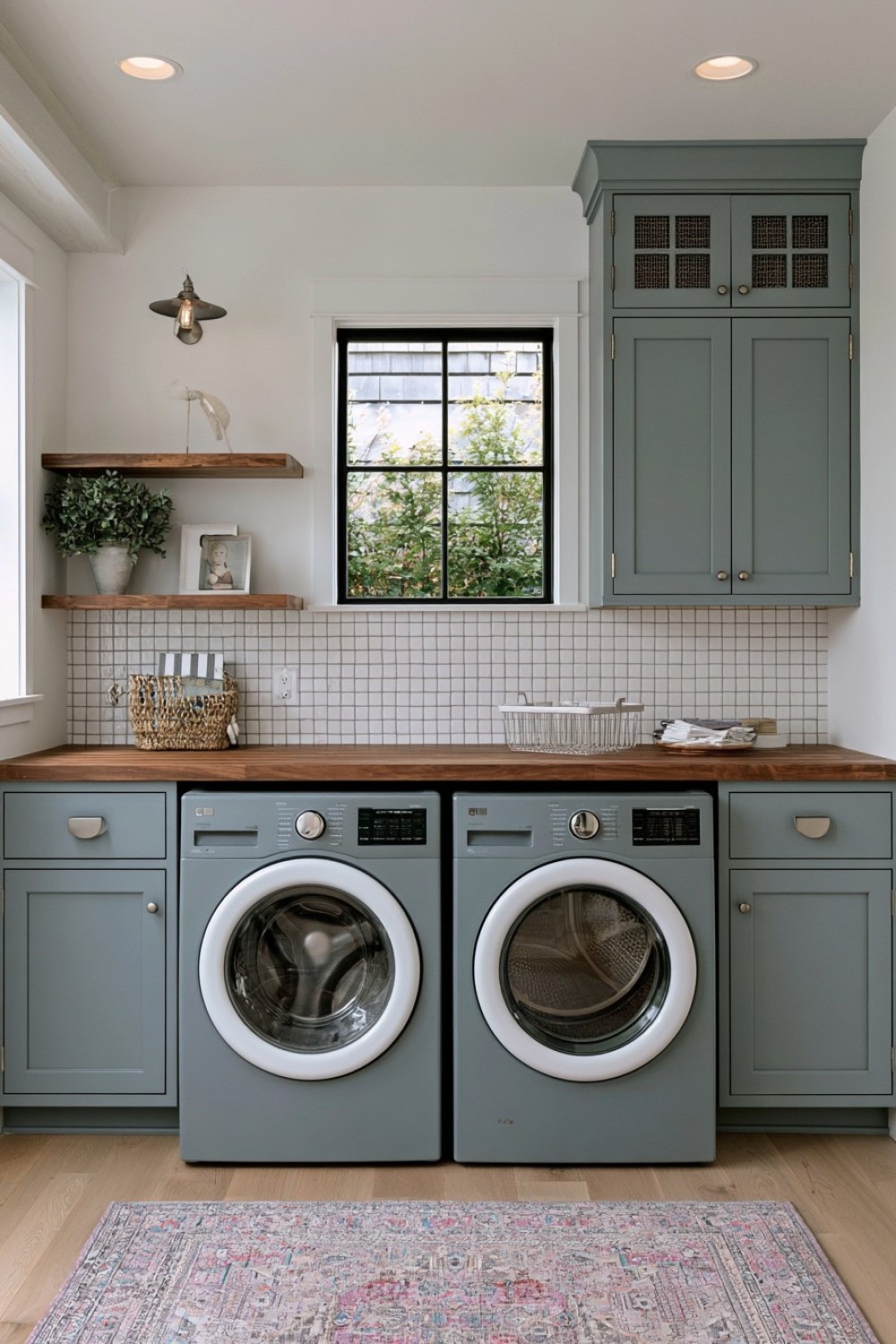 Basement laundry room with a folding counter above the machines