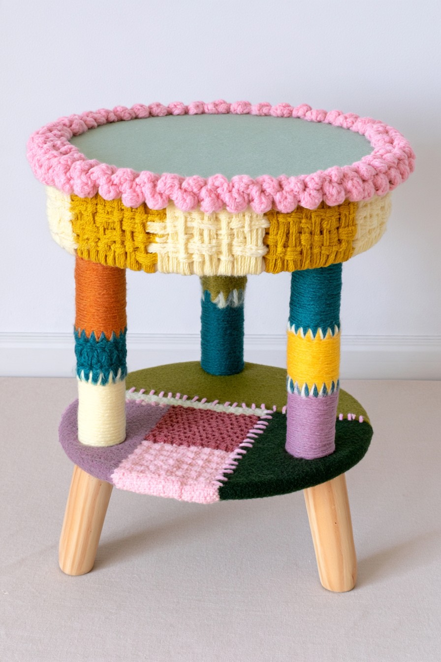 Small side table with yarn wrapped legs and crochet accents