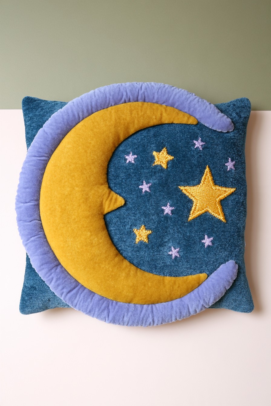Deep blue celestial pillow with raised moon and embroidered stars