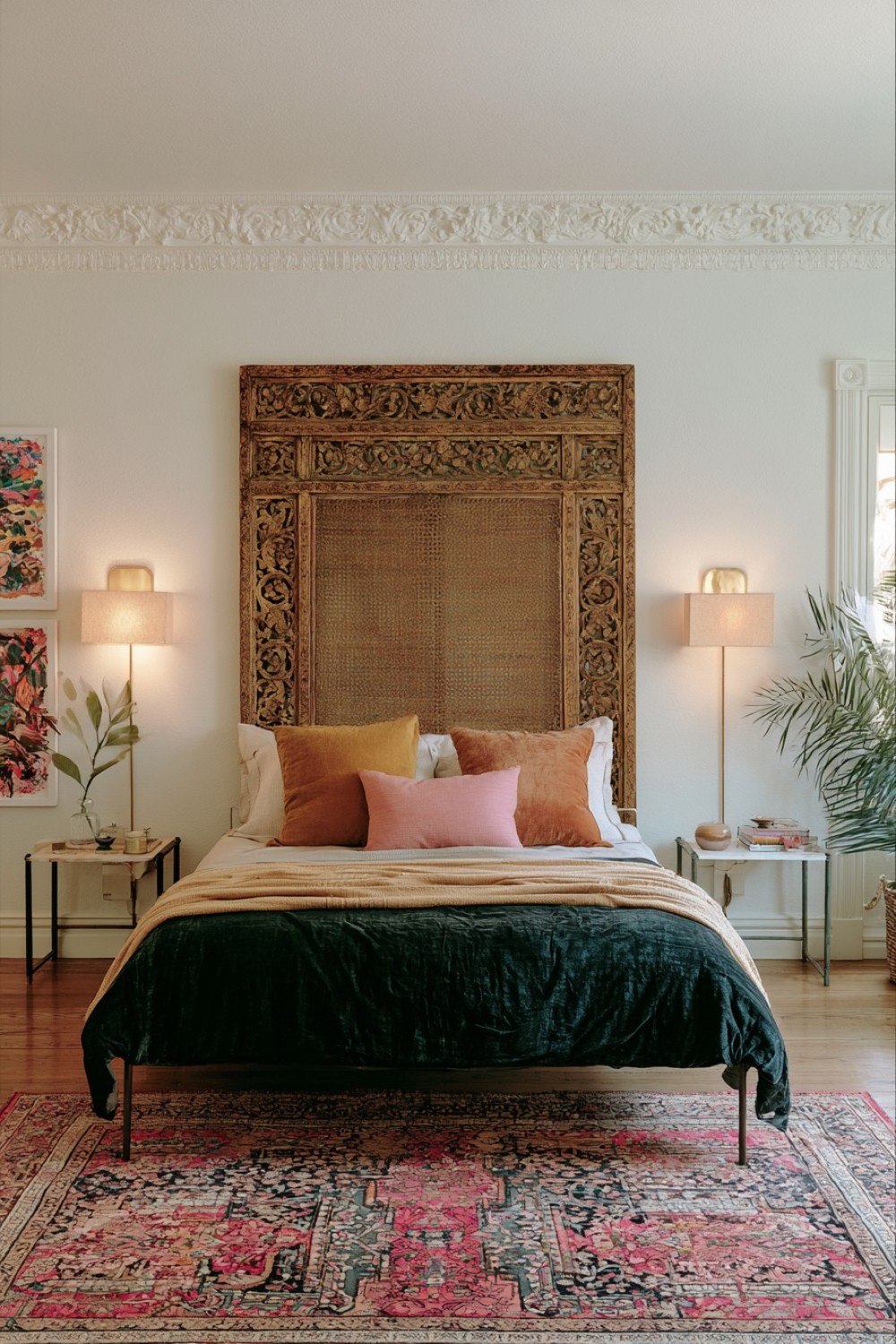 Eclectic bedroom organized around an oversized vintage headboard